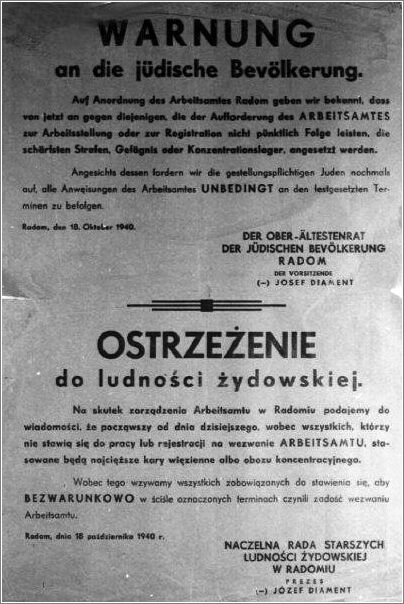 An announcement by the Judenrat of the Radom ghetto, which warns and threatens with punishment any Jew who wouldn't register at the Bureau of Labor.